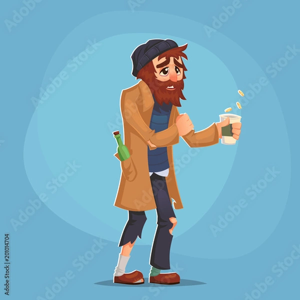 Fototapeta bezdomny Bum Biedny człowiek dorosły błagać o pieniądze i potrzebuje pomocy na białym tle Cartoon Design Vector Illustration problem społeczny ubóstwo nędza