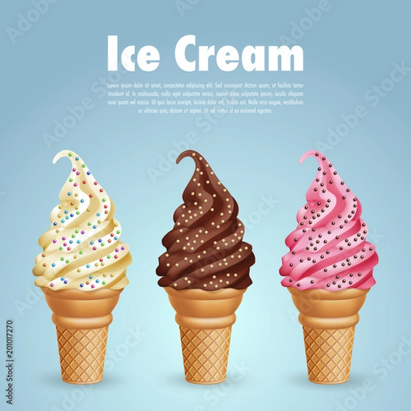 Fototapeta Set of realistic ice cream cones with candy beads on blue background. Vector Illustration