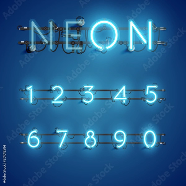 Obraz Realistic neon font with wires and console, vector illustration