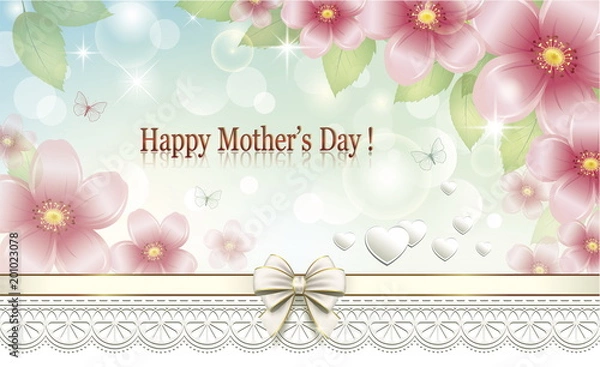 Fototapeta Mother's Day. Greeting card with a flower pattern and hearts