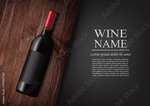 Fototapeta Advertising banner.A realistic bottle of red wine with black label in photorealistic style on wooden dark board,black background like chalk board,text.Wine presentation brochure.Vector illustration