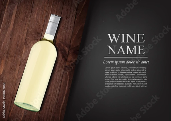 Fototapeta Advertising banner.A realistic bottle of white wine with black label in photorealistic style on wooden dark board,black background like chalk board,text.Wine presentation brochure.Vector illustration