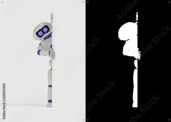 Obraz A toy robot peeks out from behind the corner