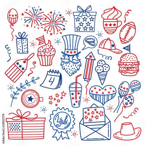 Fototapeta 4 july. USA independence day icons isolated on white background.Hand draw traditional United States symbols . Doodle style vector illustration