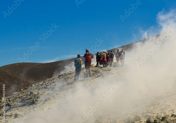 Fototapeta Tourists on top of the volcano of the Aeolian island Vulcano, Sicily

