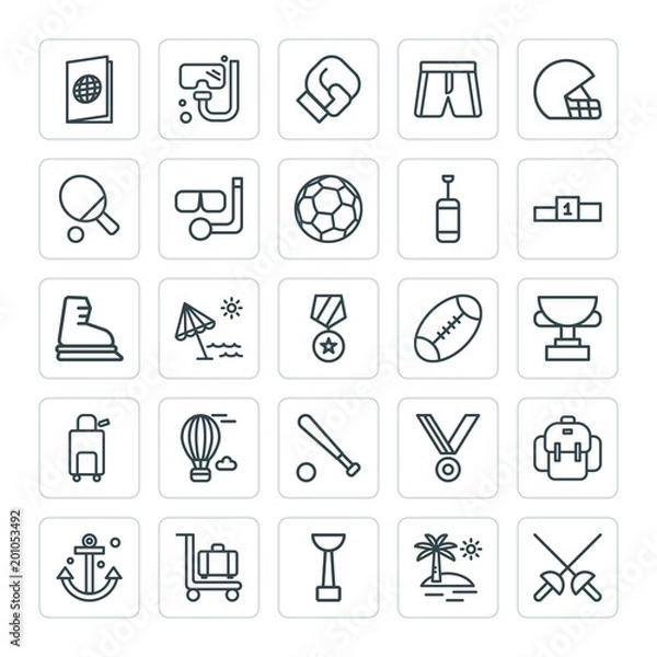 Fototapeta Modern Simple Set of sports, travel Vector outline Icons. ..Contains such Icons as island,  baggage,  vector, boxing,  weapon,  knight,  id and more on white background. Fully Editable. Pixel Perfect