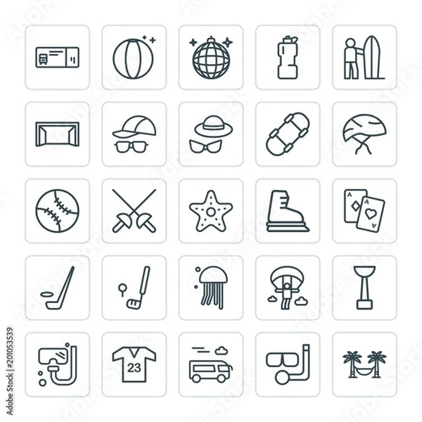 Fototapeta Modern Simple Set of sports, travel Vector outline Icons. ..Contains such Icons as  t-shirt,  equipment,  knight,  transportation,  extreme and more on white background. Fully Editable. Pixel Perfect