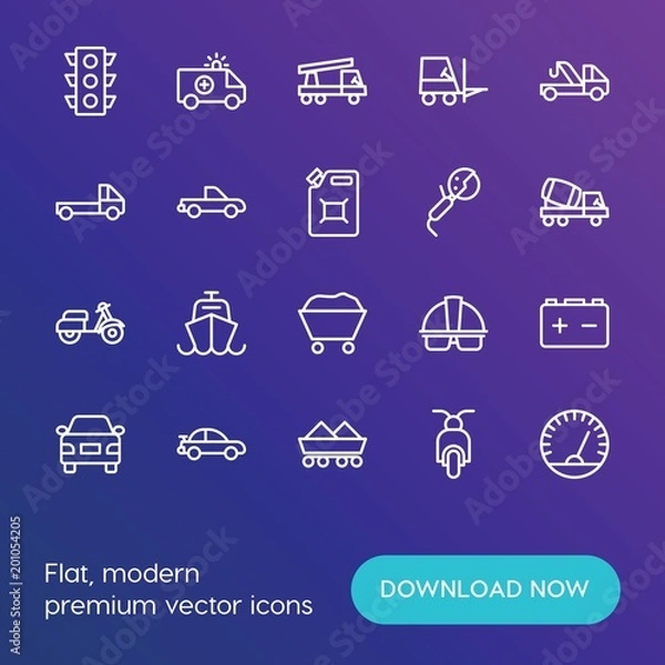 Fototapeta Modern Simple Set of transports, industry Vector outline Icons. ..Contains such Icons as  work,  stop,  cargo,  biker, traffic,  man and more on gradient background. Fully Editable. Pixel Perfect.