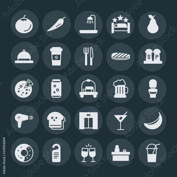 Fototapeta Modern Simple Set of food, hotel, drinks Vector fill Icons. ..Contains such Icons as  do,  desk,  red,  star, beverage, banana,  toast, ice and more on dark background. Fully Editable. Pixel Perfect.