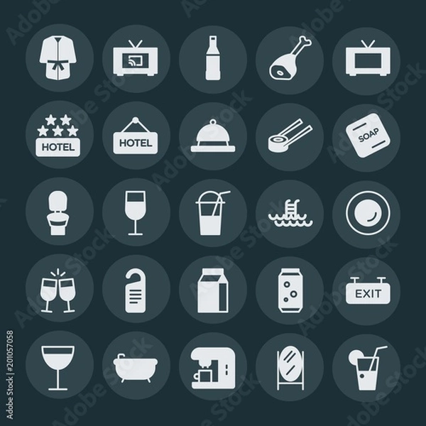 Fototapeta Modern Simple Set of food, hotel, drinks Vector fill Icons. ..Contains such Icons as  fresh,  hot,  container,  care,  cup, bathrobe,  drink and more on dark background. Fully Editable. Pixel Perfect.