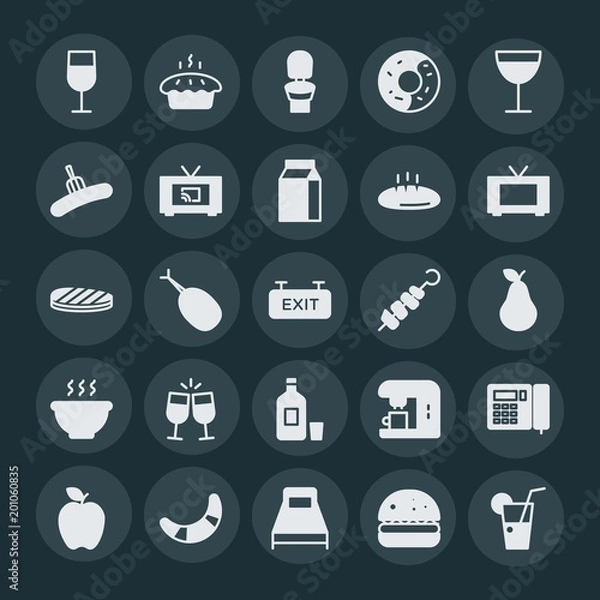 Fototapeta Modern Simple Set of food, hotel, drinks Vector fill Icons. ..Contains such Icons as stationery, bed,  espresso,  fried,  icon,  cup,  fast and more on dark background. Fully Editable. Pixel Perfect.