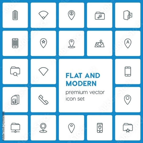 Fototapeta Modern Simple Set of location, folder, mobile Vector outline Icons. ..Contains such Icons as multimedia,  smartphone, phone, location,  file and more on dark background. Fully Editable. Pixel Perfect