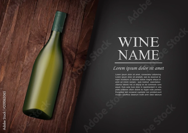 Fototapeta Advertising banner.A realistic bottle of white wine with black label in photorealistic style on wooden dark board,black background like chalk board,text.Wine presentation brochure.Vector illustration