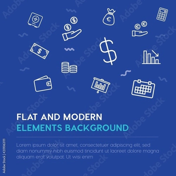 Fototapeta business, money outline vector icons and elements background concept on blue background...Multipurpose use on websites, presentations, brochures and more