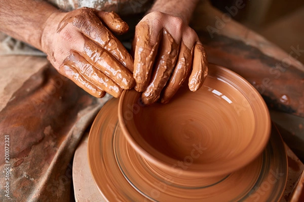 Fototapeta Close-up hands of a male potter in apron molds bowl from clay, selective focus