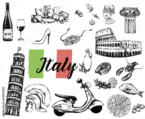 Fototapeta Set of hand drawn sketch style Italian themed objects isolated on white background. Vector illustration.