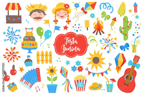 Obraz Festa Junina design elements. Firework, balloon, cake, flag, cupcake, couple
