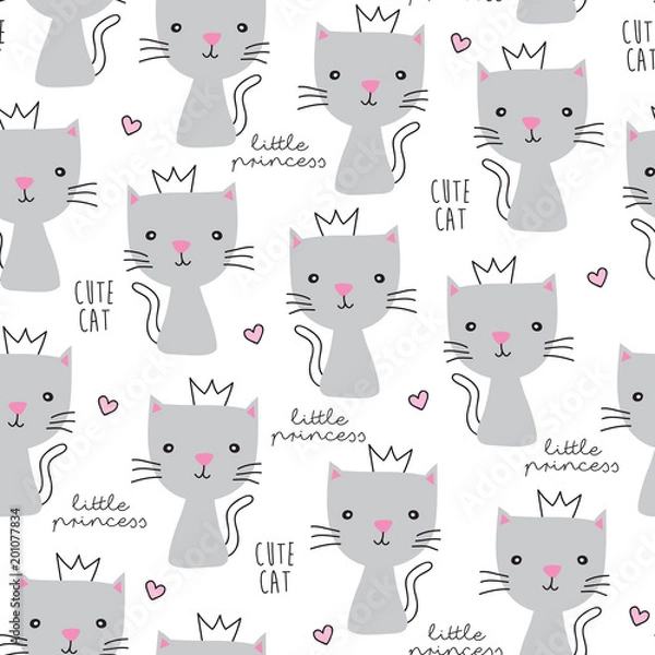 Fototapeta seamless grey princess cat pattern vector illustration