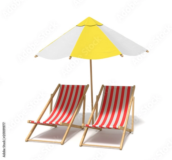 Fototapeta 3d rendering of a white and yellow beach umbrella standing above two deck chairs.