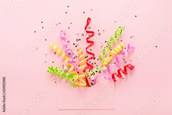 Obraz Party confetti & sequins explosion from envelope on pink