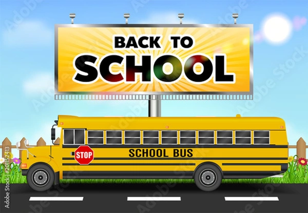 Obraz back to school billboard with school bus on road