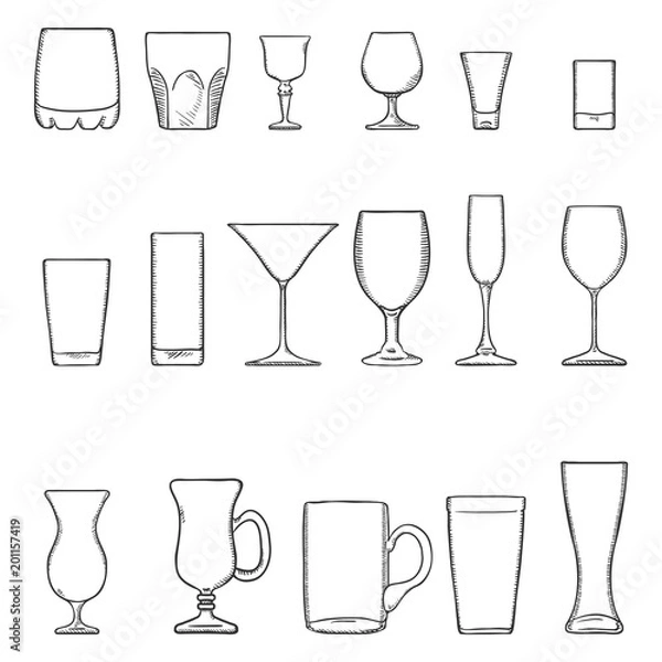 Obraz Vector Set Sketch Stemware. Szklanki do alkoholu, koktajli i napojów bezalkoholowych