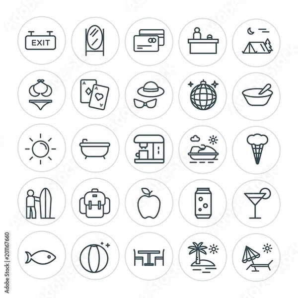 Obraz Modern Simple Set of food, hotel, drinks, travel Vector outline Icons. ..Contains such Icons as  hygiene,  isolated,  summer,  beach,  debit and more on white background. Fully Editable. Pixel Perfect