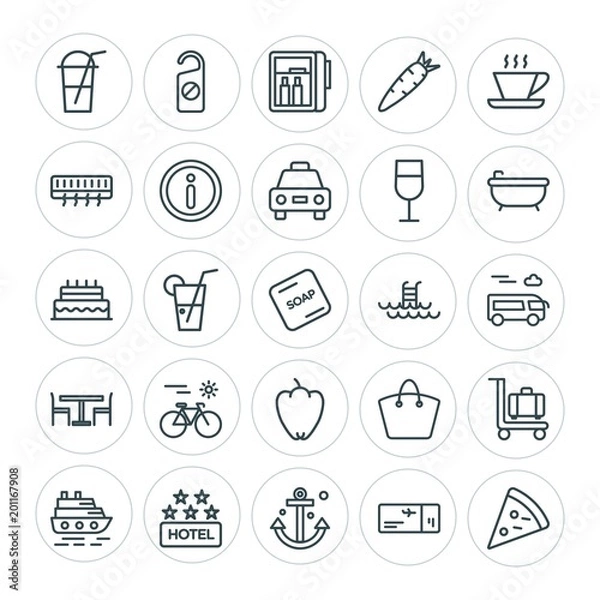 Fototapeta Modern Simple Set of food, hotel, drinks, travel Vector outline Icons. ..Contains such Icons as  carrot,  italian,  salami,  drink, pizza and more on white background. Fully Editable. Pixel Perfect