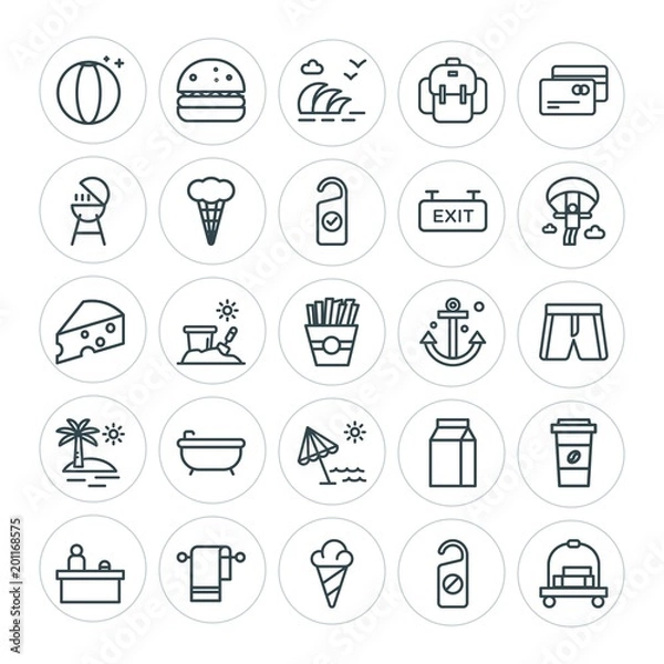 Fototapeta Modern Simple Set of food, hotel, drinks, travel Vector outline Icons. ..Contains such Icons as  bucket,  cappuccino,  summer,  carrier, sea and more on white background. Fully Editable. Pixel Perfect