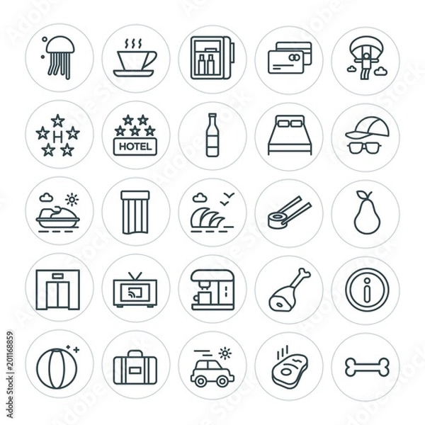 Fototapeta Modern Simple Set of food, hotel, drinks, travel Vector outline Icons. ..Contains such Icons as  baggage,  illustration,  food,  car,  bag and more on white background. Fully Editable. Pixel Perfect