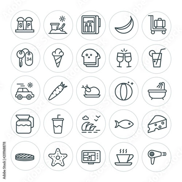 Fototapeta Modern Simple Set of food, hotel, drinks, travel Vector outline Icons. ..Contains such Icons as fridge,  blow,  bucket,  room,  summer,  toy and more on white background. Fully Editable. Pixel Perfect