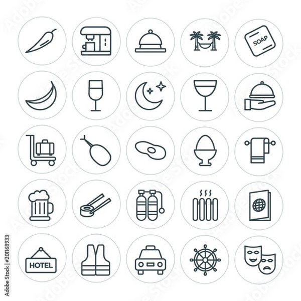 Fototapeta Modern Simple Set of food, hotel, drinks, travel Vector outline Icons. ..Contains such Icons as coffee, sign,  heater,  ship,  light,  red and more on white background. Fully Editable. Pixel Perfect