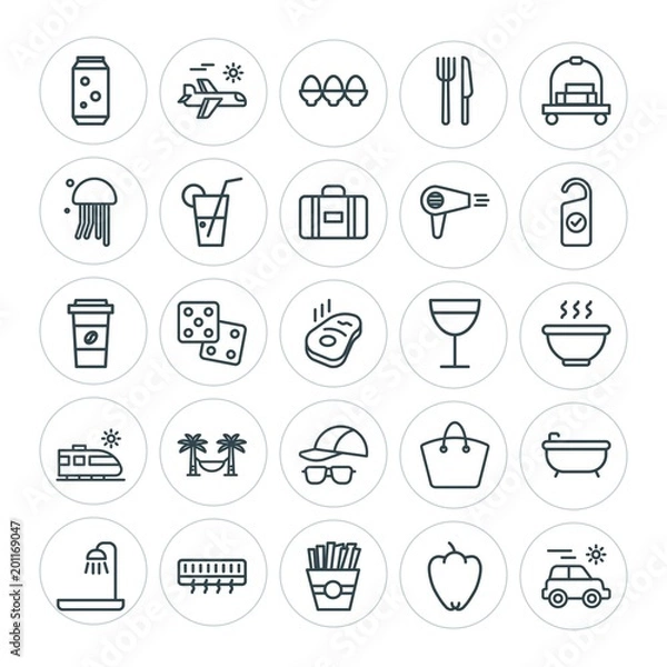Fototapeta Modern Simple Set of food, hotel, drinks, travel Vector outline Icons. ..Contains such Icons as bathroom, beverage,  vacation,  snack,  spa and more on white background. Fully Editable. Pixel Perfect