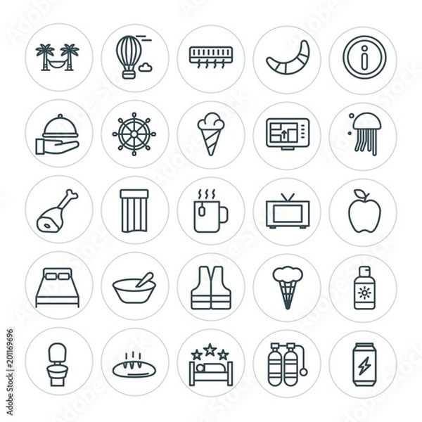 Fototapeta Modern Simple Set of food, hotel, drinks, travel Vector outline Icons. ..Contains such Icons as  tank,  sea, bathroom,  sanitary, sweet, can and more on white background. Fully Editable. Pixel Perfect