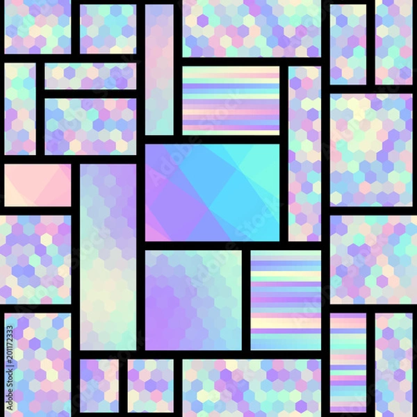 Fototapeta Seamless background. Polka dot pattern on low poly background. Vector image. Holographic colors.