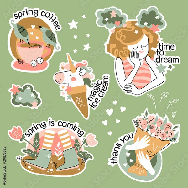 Fototapeta Set of stickers about spring. Isolated vector objects. Beautiful girl, coffee cup, ice cream, unicorn. Cartoon. Flowers, birds, stars and hearts.