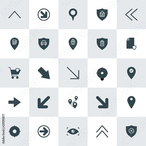 Fototapeta Modern Simple Set of location, arrows, security Vector fill Icons. ..Contains such Icons as  safety,  illustration,  map,  automobile,  pin and more on white background. Fully Editable. Pixel Perfect.