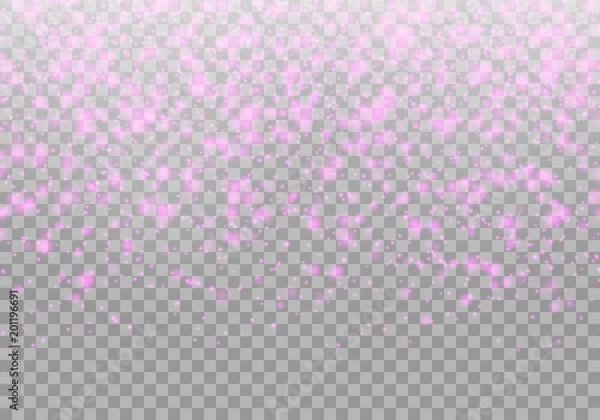 Fototapeta Bright pink sparkles fall on a transparent background. Vector illustration for drawing romantic greetings