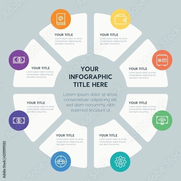 Fototapeta Circle chart business, money infographic template with 8 options for presentations, advertising, annual reports