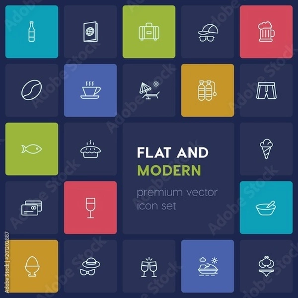 Fototapeta Modern Simple Set of food, drinks, travel Vector outline Icons. ..Contains such Icons as  cake,  sport,  food,  luggage,  toast,  wave,  bag and more on dark background. Fully Editable. Pixel Perfect