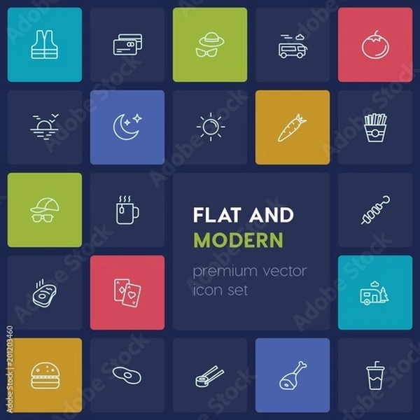 Fototapeta Modern Simple Set of food, drinks, travel Vector outline Icons. ..Contains such Icons as  jacket,  safety, poker,  deck,  hamburger, credit and more on dark background. Fully Editable. Pixel Perfect