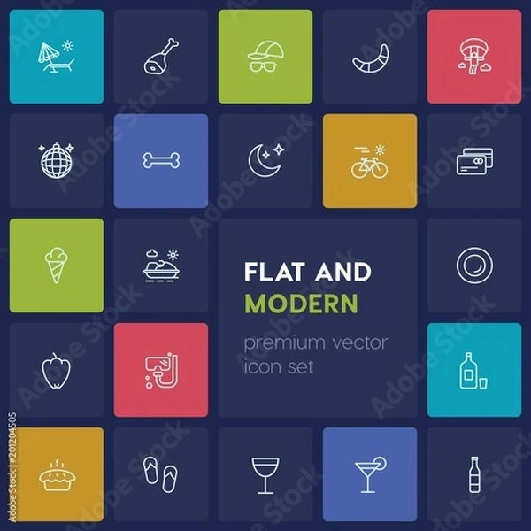 Fototapeta Modern Simple Set of food, drinks, travel Vector outline Icons. ..Contains such Icons as  travel,  food, beverage,  shoes, mask, alcohol and more on dark background. Fully Editable. Pixel Perfect