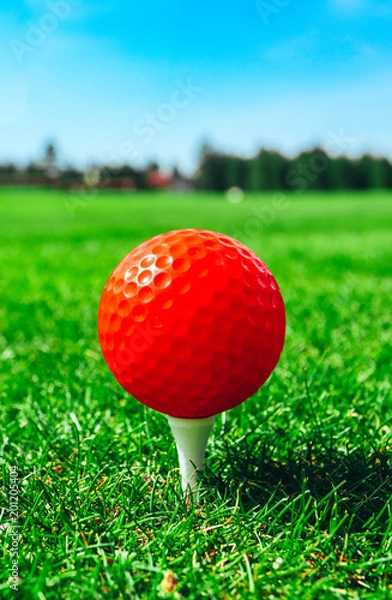Obraz Golf red ball on tee, green grass field, blue sky, macro view.