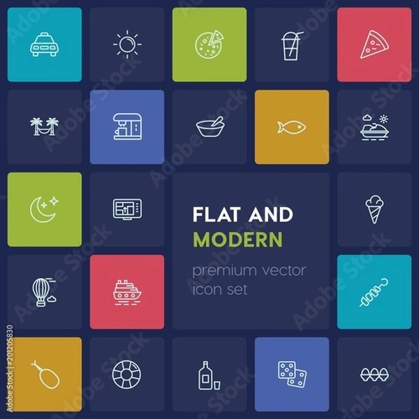 Fototapeta Modern Simple Set of food, drinks, travel Vector outline Icons. ..Contains such Icons as  vacation, gps,  sunlight,  risk,  drink,  trip, sun and more on dark background. Fully Editable. Pixel Perfect