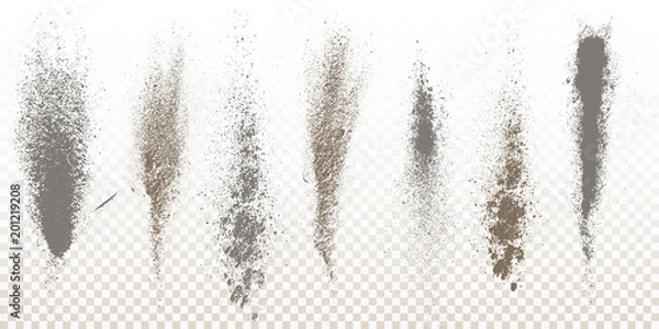 Fototapeta Scattered powder falls, stains, splashes, powder explosion. On an isolated background. Grunge blots trail and spray.