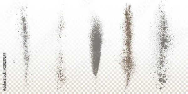 Fototapeta Scattered powder falls, stains, splashes, powder explosion. On an isolated background. Grunge blots trail and spray.