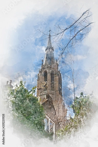 Obraz New Church in Delft, Netherlands, digital watercolor illustration
