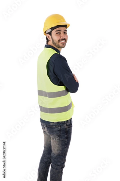 Fototapeta back view of smiling engineer