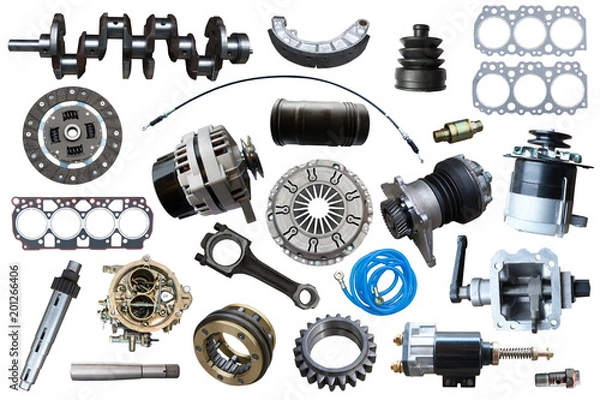 Fototapeta big collection of mechanical auto parts for maintenance isolated on white background
