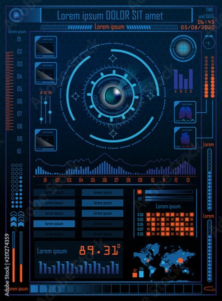 Fototapeta Technology Concept With Hud, Gui Design Elements. Head-up Display Monitor. Futuristic User Interface. Infographic Menu Ui For Vr.  Vector Illustration.